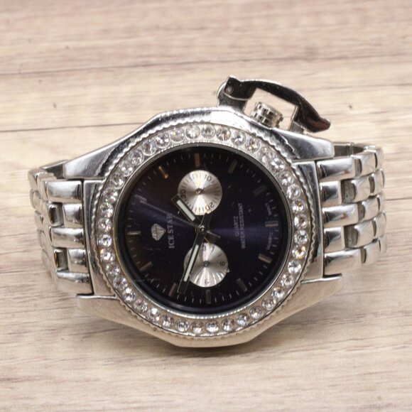 ICE STAR Chronograph Watch Mens Silver Tone Stainless Steel Rhinestones Dial - Picture 6 of 9